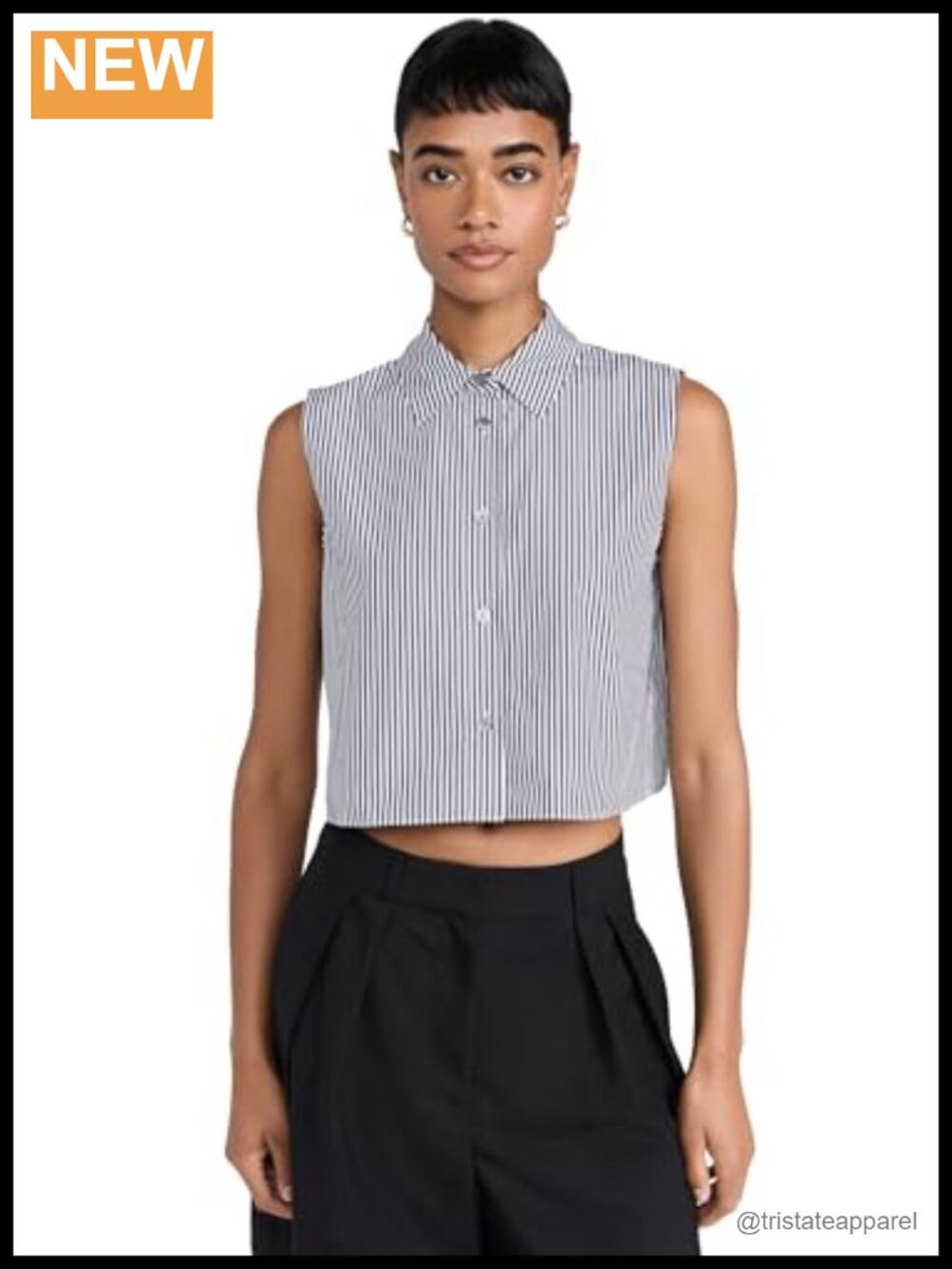 Sleeveless Cropped Classic Button-Down Shirt Stripe Collared Lightweight Cotton